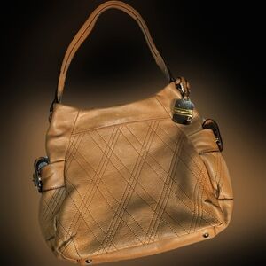 SOFT Leather B Makowski Camel with Side Pockets Satchel Handbag with turnlocks.